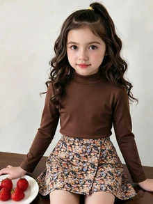 Girls Vintage Cute Western Korean Style Fall School Family Outfit, Half-High Neck Ribbed Long Sleeve Base Layer Top Asymmetrical Ditsy Floral Brown - Brown - View 3