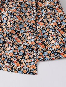 Girls Vintage Cute Western Korean Style Fall School Family Outfit, Half-High Neck Ribbed Long Sleeve Base Layer Top Asymmetrical Ditsy Floral Brown - Brown - View 7