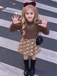 Girls Vintage Cute Western Korean Style Fall School Family Outfit, Half-High Neck Ribbed Long Sleeve Base Layer Top Asymmetrical Ditsy Floral Brown - Brown - View 4