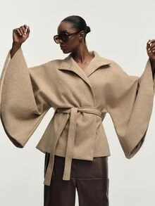 Aveloria Modichic Fall/ Camel Thickened Blend Stand Collar Belted Wide Sleeve Cape Style Blazer Jacket Office Everyday Elegant - Khaki - View 5