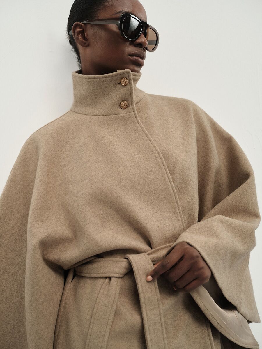 Aveloria Modichic Fall/ Camel Thickened Blend Stand Collar Belted Wide Sleeve Cape Style Blazer Jacket Office Everyday Elegant - Khaki - View 1