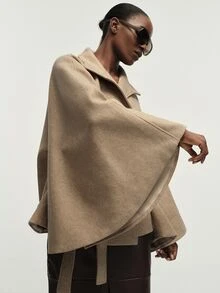 Aveloria Modichic Fall/ Camel Thickened Blend Stand Collar Belted Wide Sleeve Cape Style Blazer Jacket Office Everyday Elegant - Khaki - View 2