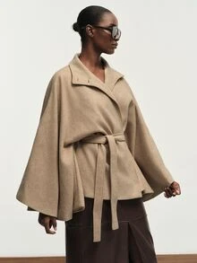 Aveloria Modichic Fall/ Camel Thickened Blend Stand Collar Belted Wide Sleeve Cape Style Blazer Jacket Office Everyday Elegant - Khaki - View 7