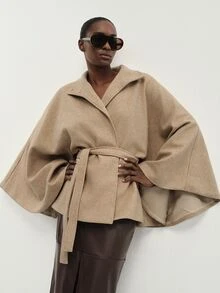 Aveloria Modichic Fall/ Camel Thickened Blend Stand Collar Belted Wide Sleeve Cape Style Blazer Jacket Office Everyday Elegant - Khaki - View 6