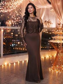 Auveirra Plus Size Women Lace Long Sleeve Top And Skirt Casual Elegant 2 Pieces Set Fall Wedding Formal Brown Party Luxury Prom Dress - Brown - View 3