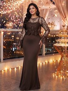 Auveirra Plus Size Women Lace Long Sleeve Top And Skirt Casual Elegant 2 Pieces Set Fall Wedding Formal Brown Party Luxury Prom Dress - Brown - View 4