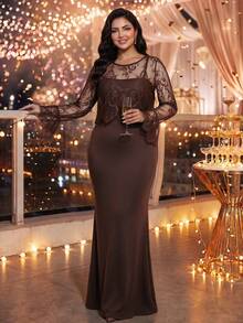 Auveirra Plus Size Women Lace Long Sleeve Top And Skirt Casual Elegant 2 Pieces Set Fall Wedding Formal Brown Party Luxury Prom Dress - Brown - View 7