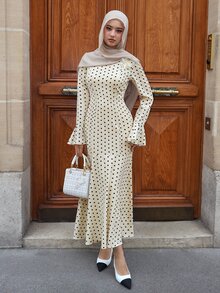 Graceveil Elegant Polka Dot Asymmetrical Shoulder 3D Floral Mermaid Hem Women's Dress - Apricot - View 5