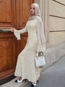 Graceveil Elegant Polka Dot Asymmetrical Shoulder 3D Floral Mermaid Hem Women's Dress - Apricot - View 4