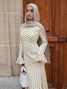 Graceveil Elegant Polka Dot Asymmetrical Shoulder 3D Floral Mermaid Hem Women's Dress - Apricot - View 8
