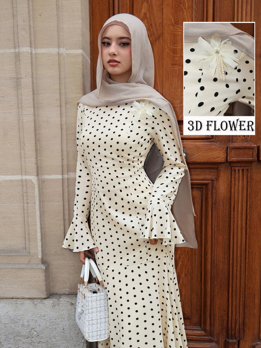 Graceveil Elegant Polka Dot Asymmetrical Shoulder 3D Floral Mermaid Hem Women's Dress