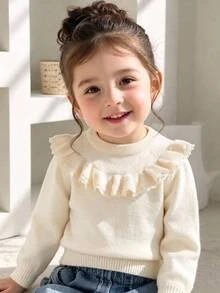 SHEIN 幼童女童白色長袖針織毛衣，適合秋冬穿著，舒適柔軟，開學季、節慶聖誕日常必備穿搭 - 白色 - 查看 10