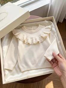 SHEIN 幼童女童白色長袖針織毛衣，適合秋冬穿著，舒適柔軟，開學季、節慶聖誕日常必備穿搭 - 白色 - 查看 11