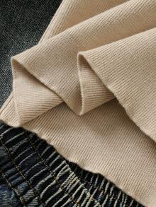 SHEIN 8-12歲兒童高領羅紋針織毛衣，領口極簡刺繡，長袖基礎針織套衫，適合學校日常穿著 - 卡其色 - 查看 9