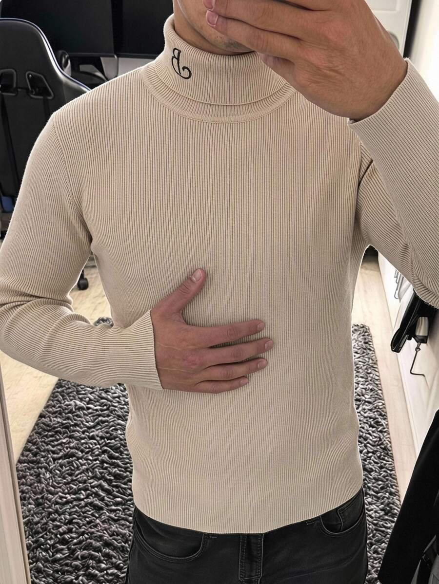 SHEIN 8-12Y Kids Turtleneck Rib Knit Sweater, Minimal Neck Embroidery, Long Sleeve Basic Knit Jumper For School Daily Wear - Khaki - View 1