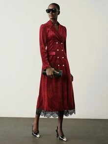 Aveloria Modichic Korean Velvet Embossed Double-Breasted Lace Patchwork Large Lapel Elegant Elegant Women's Long Dress Christmas New Year Dinner Night Red - Burgundy - View 1