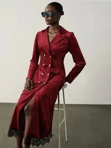 Aveloria Modichic Korean Velvet Embossed Double-Breasted Lace Patchwork Large Lapel Elegant Elegant Women's Long Dress Christmas New Year Dinner Night Red - Burgundy - View 6