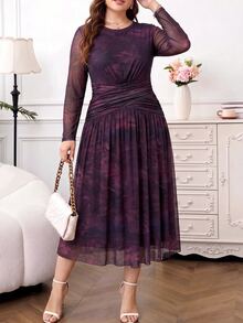 SHEIN Clasi فستان أنيق بمقاس كبير بتصميم تاي داي وخصر مكشكش للسهرات وحفلات العشاء والمناسبات الرسمية والكريسماس والخريف - الأرجواني - مشاهدة 4
