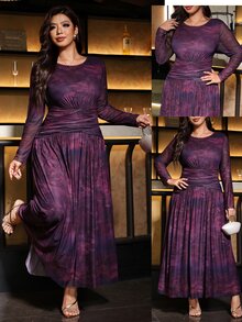 SHEIN Clasi فستان أنيق بمقاس كبير بتصميم تاي داي وخصر مكشكش للسهرات وحفلات العشاء والمناسبات الرسمية والكريسماس والخريف - الأرجواني - مشاهدة 9