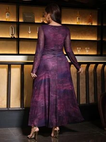 SHEIN Clasi فستان أنيق بمقاس كبير بتصميم تاي داي وخصر مكشكش للسهرات وحفلات العشاء والمناسبات الرسمية والكريسماس والخريف - الأرجواني - مشاهدة 3