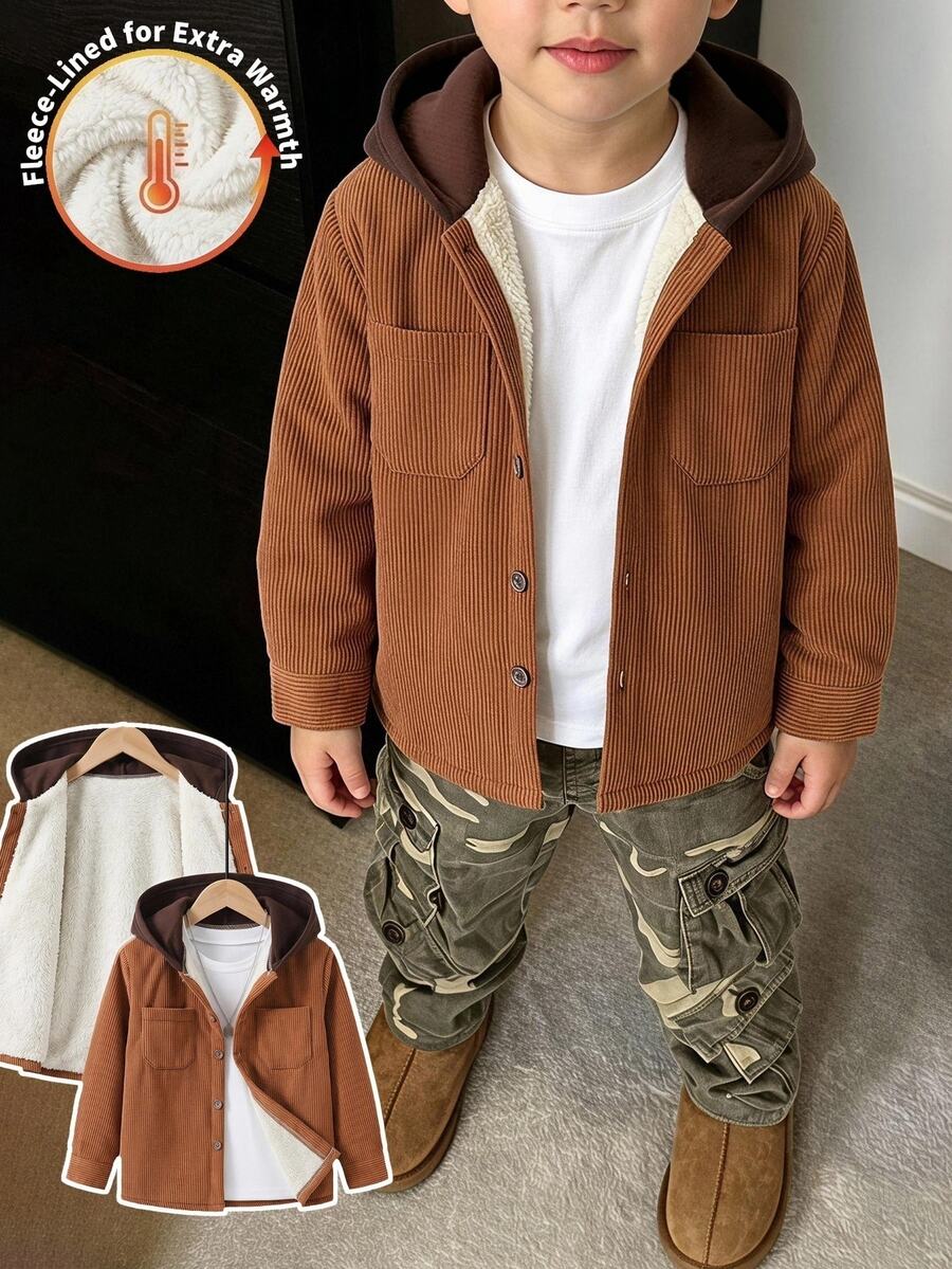 SHEIN جاكيت قميص مبطن بالصوف من الكوردروي بغطاء رأس للأولاد الصغار، بني بأزرار أمامية دافئ مع جيوب صدر للخريف وعيد الشكر