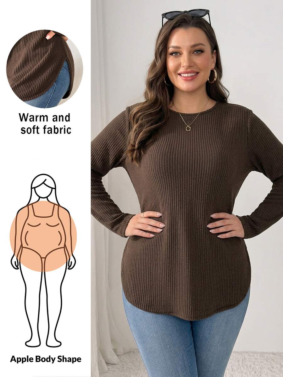 Shapeblank Women's Plus-Size Fall/Winter Long-Sleeve T-Shirt – Stylish, Casual, Stretchy, Warm, And Comfortable For Everyday Wear (Brown),Fall Outfits,Base Tops