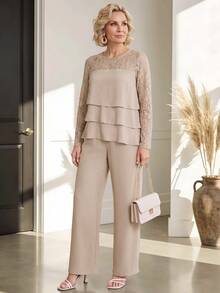 Miaspire Middle-Aged Women's Contrast Lace Cake Hem Top And Long Pants Set - Khaki - View 5