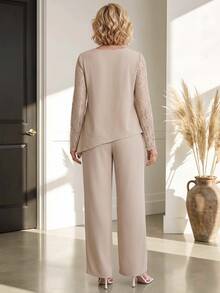 Miaspire Middle-Aged Women's Contrast Lace Cake Hem Top And Long Pants Set - Khaki - View 2