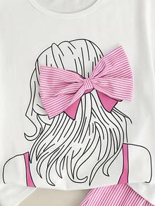 SHEIN Tween Girls 2pcs/Set Casual Round Neck Short Sleeve T-Shirt With Bowknot Decor White Pink Long Skirt Set, Summer, Cute, Comfortable Family School - Pink - View 5