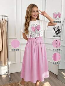 SHEIN Tween Girls 2pcs/Set Casual Round Neck Short Sleeve T-Shirt With Bowknot Decor White Pink Long Skirt Set, Summer, Cute, Comfortable Family School - Pink - View 2