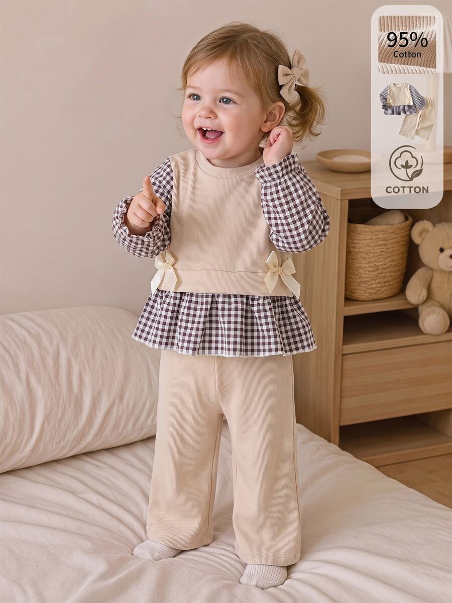 SHEIN 2Pcs Baby Girl Spring Fall Cotton Outfit, Casual Pit Stitch Plaid Spliced Puff Sleeve Knit Pullover + Solid Wide Leg Pants Beige Set