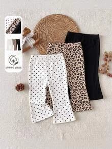 SHEIN 3pcs Baby Girl Animal Print Polka Dot Elastic Thick Ribbed Flare Leggings Suitable For Winter - Multicolor - View 6