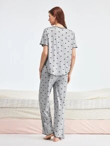 Bonmuse PETITE Women's Pajama Set. Bow Print Short Sleeve And Long Pants Two Pieces Pajama Set. Women's Casual Set, Women's Spring/Summer Clothing. - Light Grey - View 2