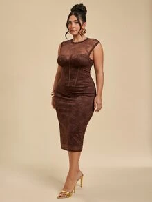 SHEIN BAE CURVE 大尺碼女款蕾絲性感浪漫派對雞尾酒洋裝，棕色高領修身優雅中長裙，適合正式場合夏季穿著 - 咖啡棕 - 查看 4