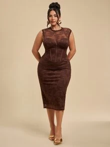 SHEIN BAE CURVE 大尺碼女款蕾絲性感浪漫派對雞尾酒洋裝，棕色高領修身優雅中長裙，適合正式場合夏季穿著 - 咖啡棕 - 查看 5
