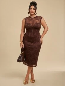 SHEIN BAE CURVE 大尺碼女款蕾絲性感浪漫派對雞尾酒洋裝，棕色高領修身優雅中長裙，適合正式場合夏季穿著 - 咖啡棕 - 查看 6