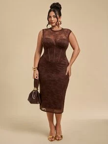SHEIN BAE CURVE 大尺碼女款蕾絲性感浪漫派對雞尾酒洋裝，棕色高領修身優雅中長裙，適合正式場合夏季穿著 - 咖啡棕 - 查看 3