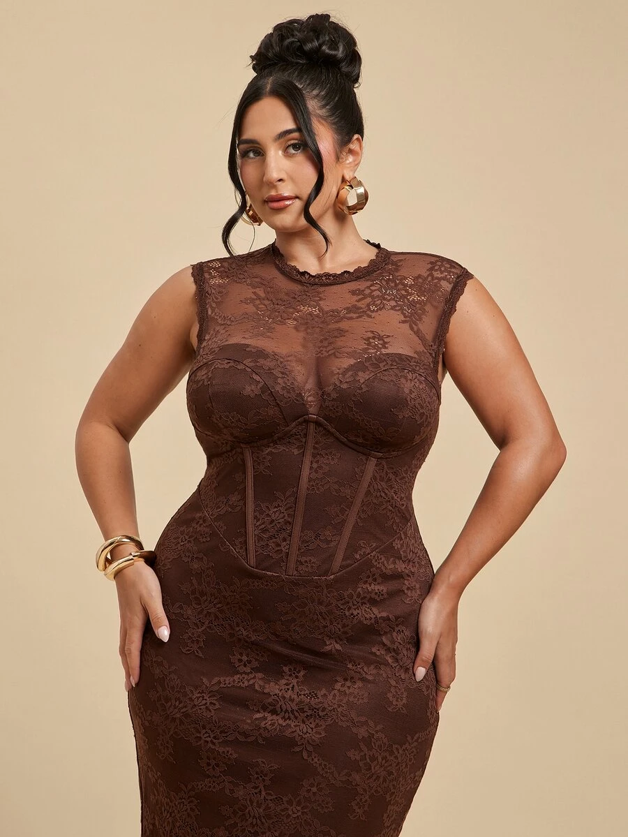 SHEIN BAE CURVE 大尺碼女款蕾絲性感浪漫派對雞尾酒洋裝,棕色高領修身優雅中長裙,適合正式場合夏季穿著 - 咖啡棕 - 查看 1