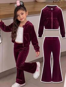 SHEIN طقم جاكيت كارديجان بغطاء رأس محبوك ومزين بطباعة مخملية بلون موحد، كاجوال للبنات الصغيرات، مناسب للربيع والخريف والشتاء - عنابي اللون - مشاهدة 11