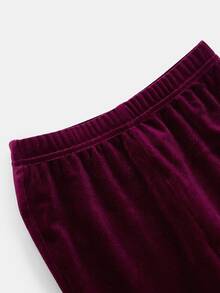 SHEIN طقم جاكيت كارديجان بغطاء رأس محبوك ومزين بطباعة مخملية بلون موحد، كاجوال للبنات الصغيرات، مناسب للربيع والخريف والشتاء - عنابي اللون - مشاهدة 4