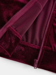 SHEIN طقم جاكيت كارديجان بغطاء رأس محبوك ومزين بطباعة مخملية بلون موحد، كاجوال للبنات الصغيرات، مناسب للربيع والخريف والشتاء - عنابي اللون - مشاهدة 12