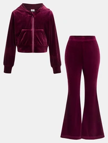 SHEIN طقم جاكيت كارديجان بغطاء رأس محبوك ومزين بطباعة مخملية بلون موحد، كاجوال للبنات الصغيرات، مناسب للربيع والخريف والشتاء - عنابي اللون - مشاهدة 10
