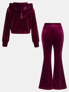 SHEIN طقم جاكيت كارديجان بغطاء رأس محبوك ومزين بطباعة مخملية بلون موحد، كاجوال للبنات الصغيرات، مناسب للربيع والخريف والشتاء - عنابي اللون - مشاهدة 2
