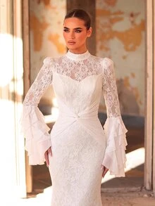 Aureia Elegant Luxurious White Lace & Mesh Patchwork Stand Collar Puff Jellyfish Sleeve Mermaid Wedding Dress - White - View 7