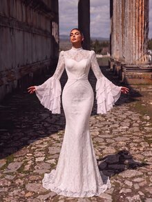 Aureia Elegant Luxurious White Lace & Mesh Patchwork Stand Collar Puff Jellyfish Sleeve Mermaid Wedding Dress - White - View 1