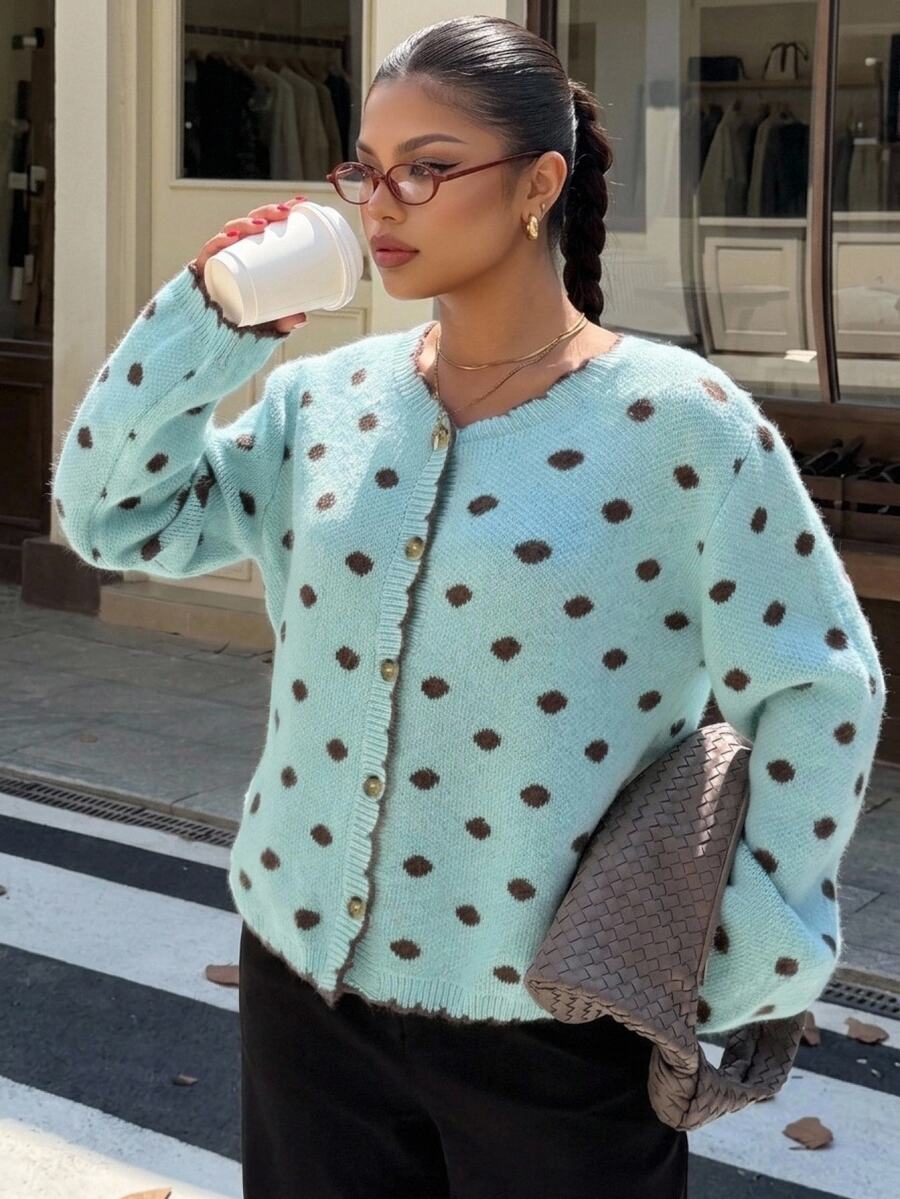 Muchica Plus Size Women's Fall/ Polka Dot Pattern Contrast Trim Single-Breasted Cardigan Morning Homewear Light Blue Retro Casual Winter