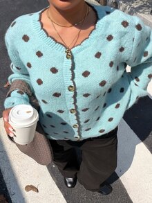 Muchica Plus Size Women's Fall/ Polka Dot Pattern Contrast Trim Single-Breasted Cardigan Morning Homewear Light Blue Retro Casual Winter - Mint Green - View 7