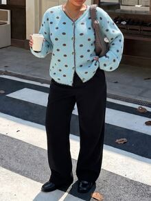Muchica Plus Size Women's Fall/ Polka Dot Pattern Contrast Trim Single-Breasted Cardigan Morning Homewear Light Blue Retro Casual Winter - Mint Green - View 6