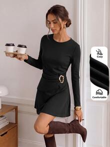 Easowa Women's Mini Dress With Ruched Waist, Metal Buckle, A-Line, Long Sleeve, Casual Relaxed Elegant Commuter Old Money Style, Autumn/Winter - Black - View 8