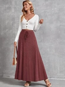 EMERY ROSE Women Solid Color Tie-Waist Long Casual Skirt Dusty Mauve - Redwood - View 4